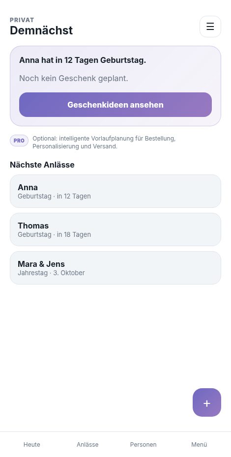 Okkadio App: Übersicht mit anstehenden Geburtstagen, Erinnerungen und Geschenkplanung